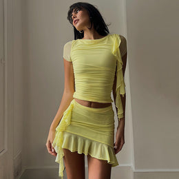 Yellow Boat Neck Gathered Top and Skirt