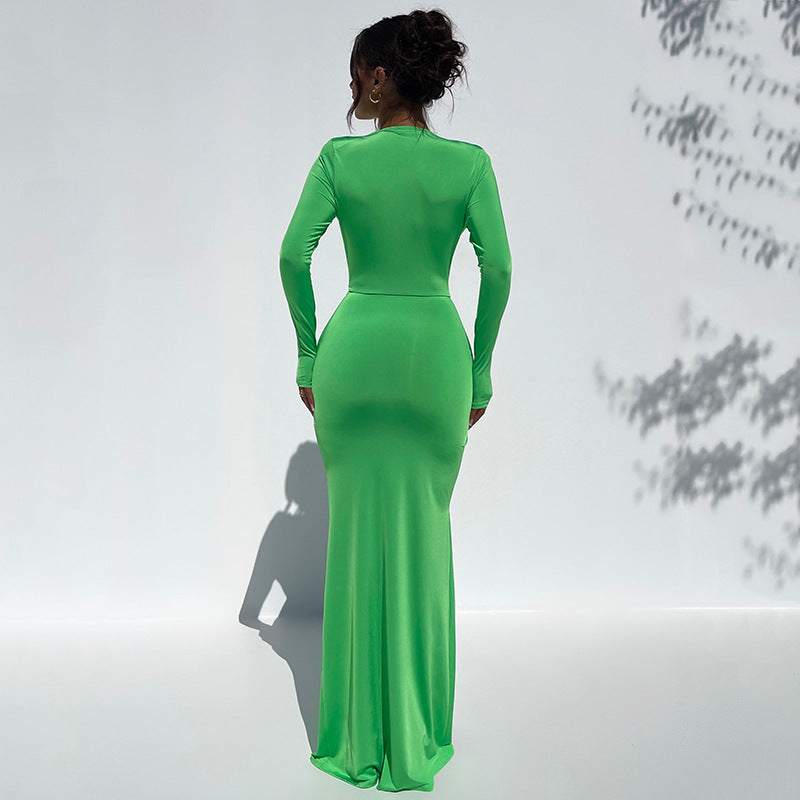 Green V-Neck Gathered Detail Maxi Dress