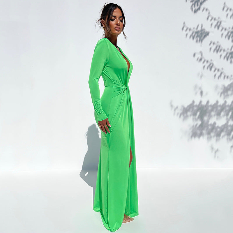 Green V-Neck Gathered Detail Maxi Dress
