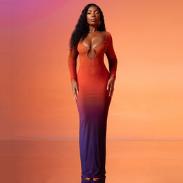 Orange Colourblocked Tie Up Neck Bodycon Maxi Dress