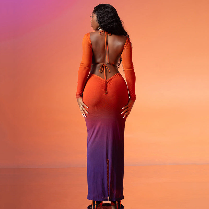 Orange Colourblocked Tie Up Neck Bodycon Maxi Dress