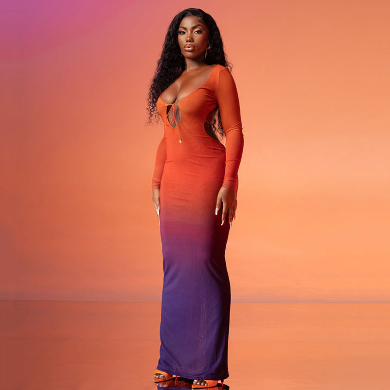 Orange Colourblocked Tie Up Neck Bodycon Maxi Dress