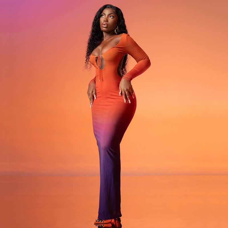 Orange Colourblocked Tie Up Neck Bodycon Maxi Dress