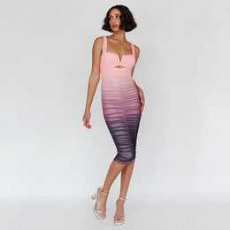 Pink Ombre Printed Shoulder Straps Gathered Ruched Bodycon Dress