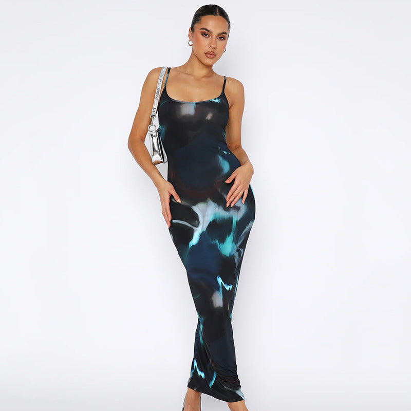 Navy Blue Tie and Dye Shoulder Straps Sheath Maxi Dress