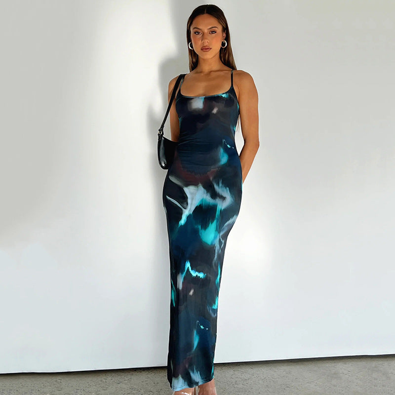 Navy Blue Tie and Dye Shoulder Straps Sheath Maxi Dress