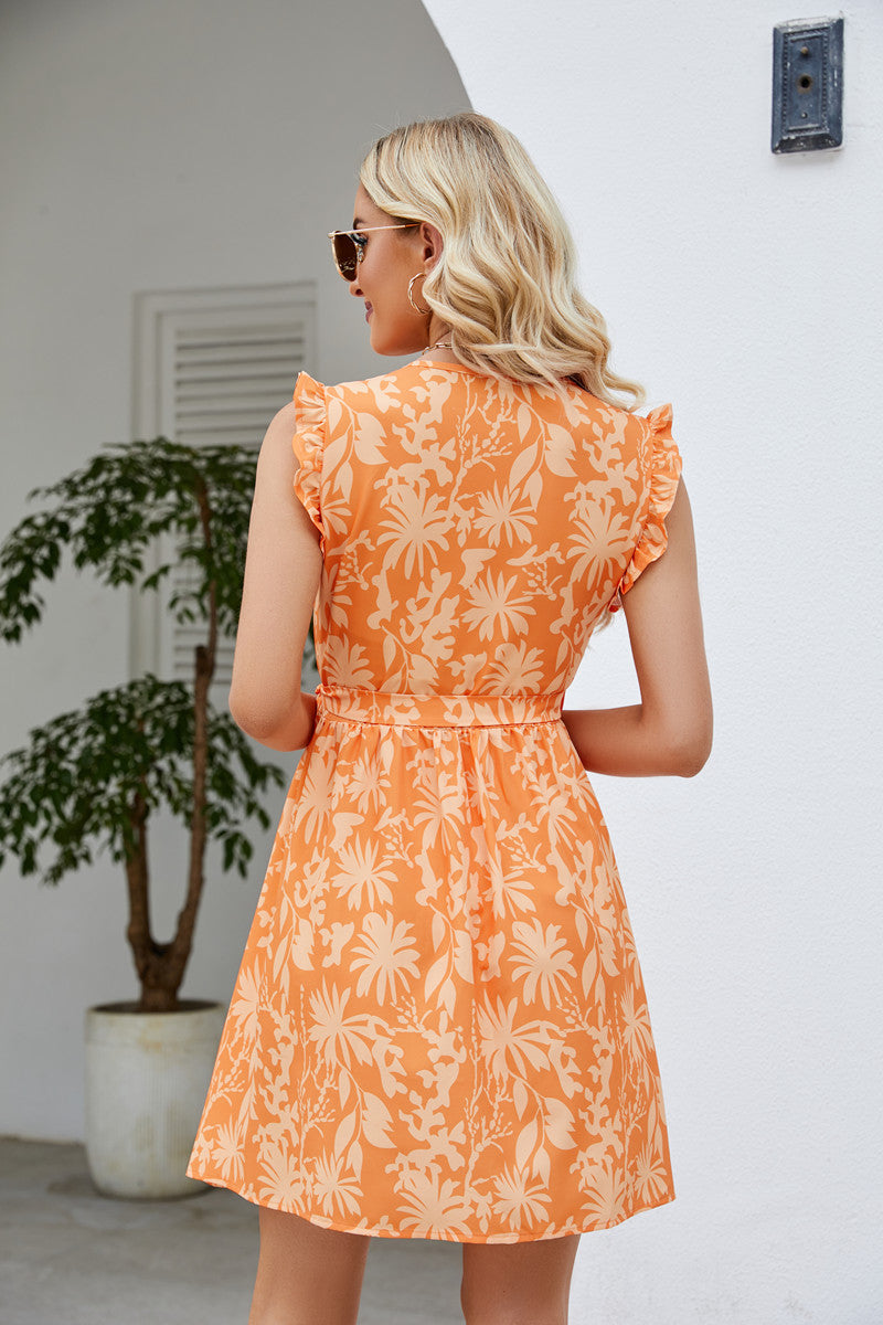 V-Neck Tropical Printed Tie Up Mini Wrap Dress