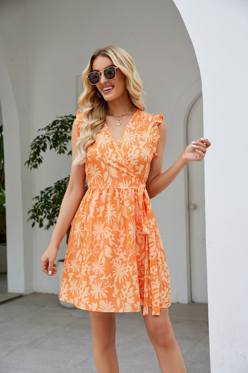 V-Neck Tropical Printed Tie Up Mini Wrap Dress