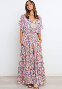 Purple Floral Pleated Maxi Dress