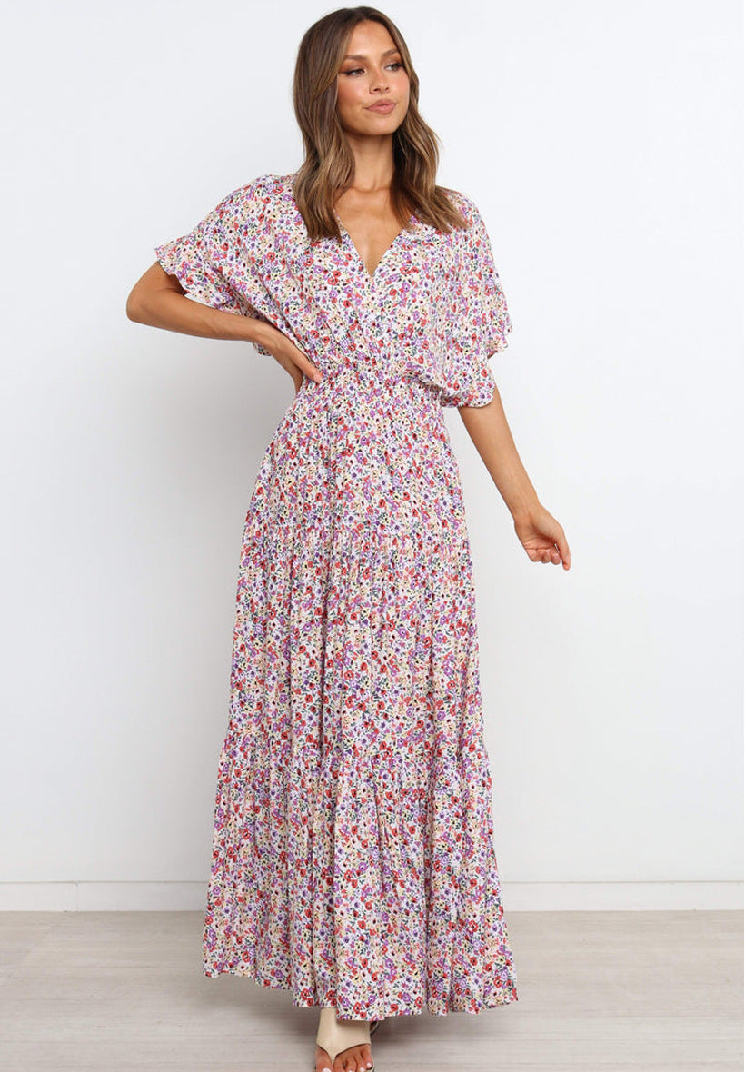 Purple Floral Pleated Maxi Dress