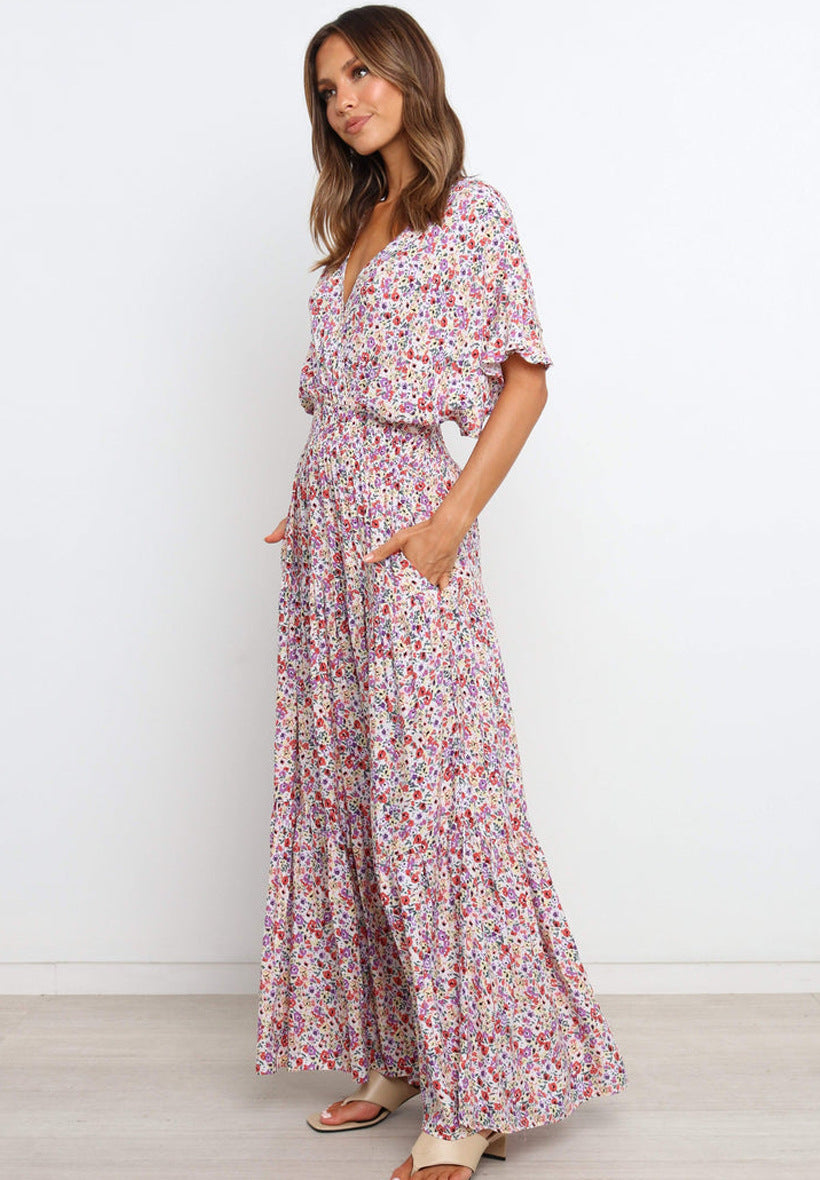 Purple Floral Pleated Maxi Dress