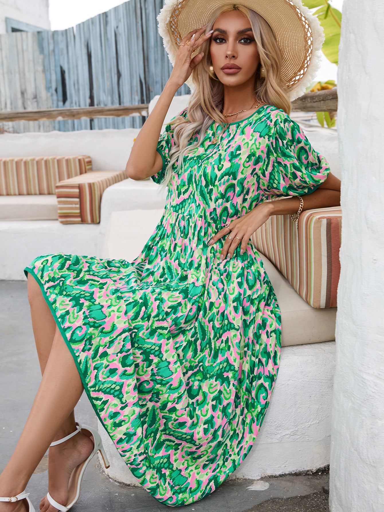 Green Abstract Printed Gathered Fit & Flare Midi Dress