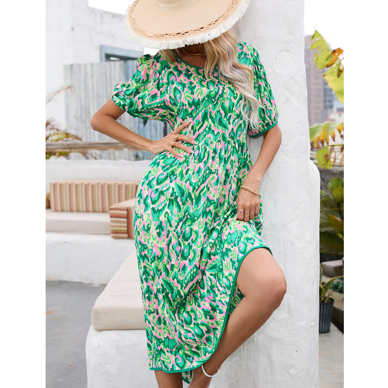 Green Abstract Printed Gathered Fit & Flare Midi Dress