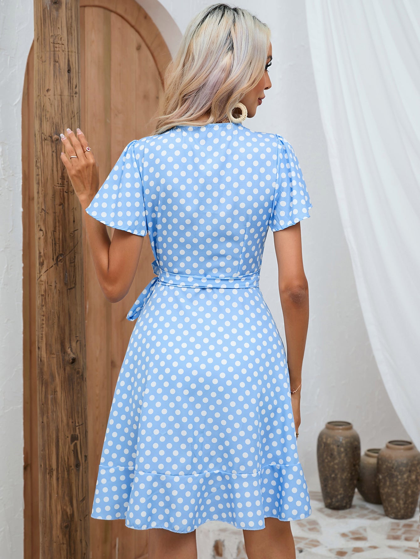 Blue & White Polka Dot Wrap Mini Dress
