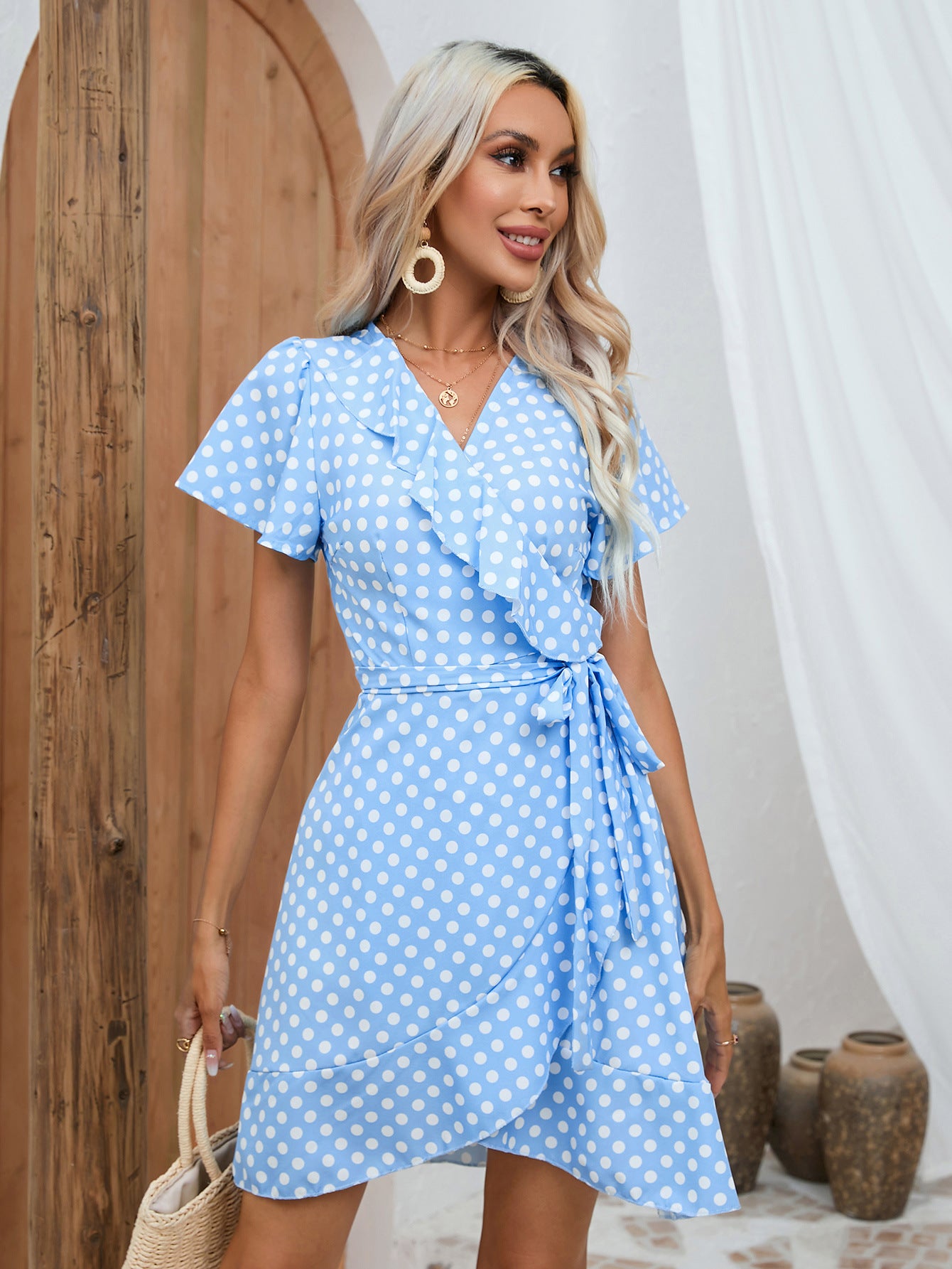 Blue & White Polka Dot Wrap Mini Dress
