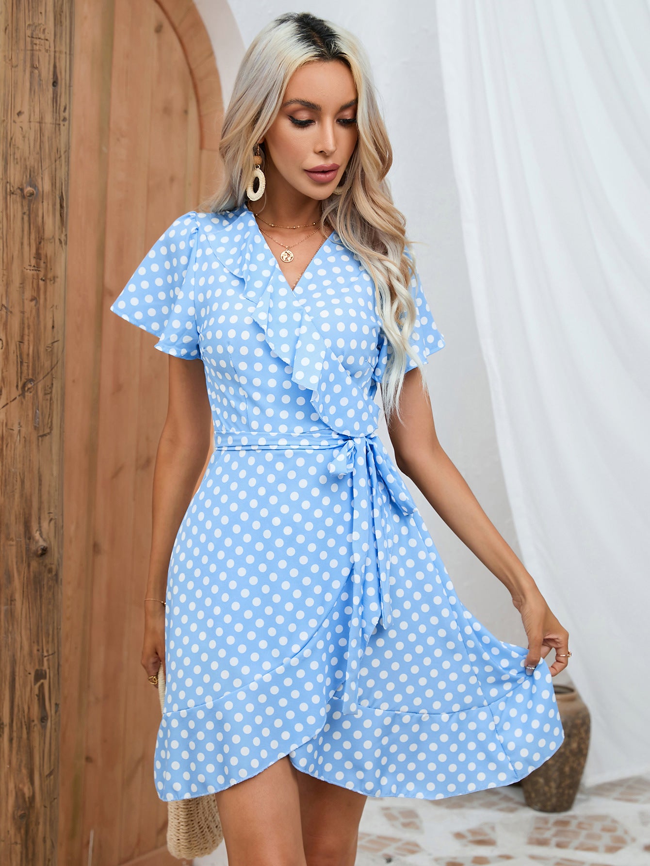 Blue & White Polka Dot Wrap Mini Dress