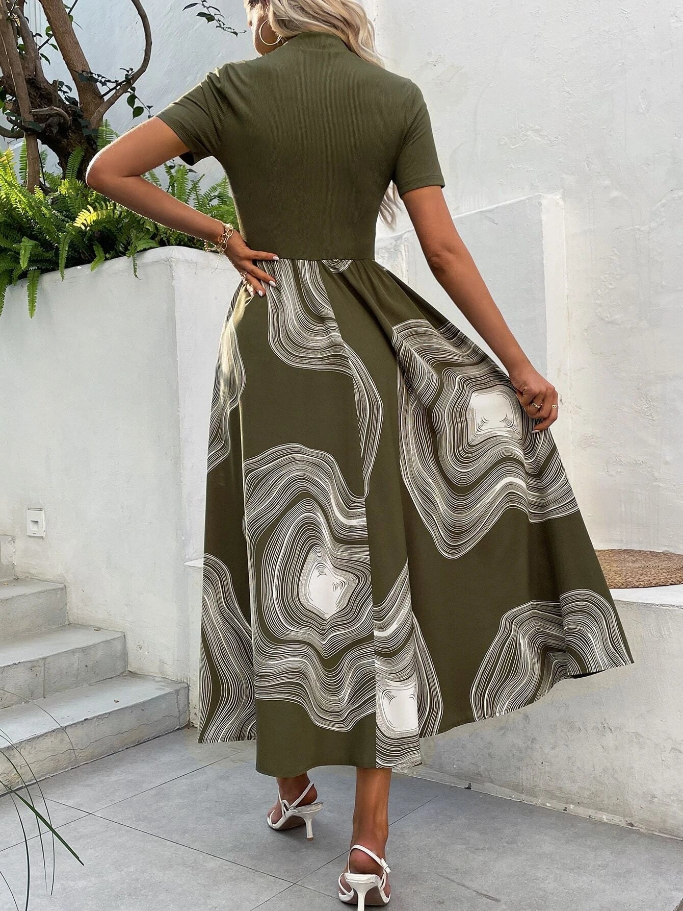 Green Abstract Printed High Neck Fit & Flare Dress