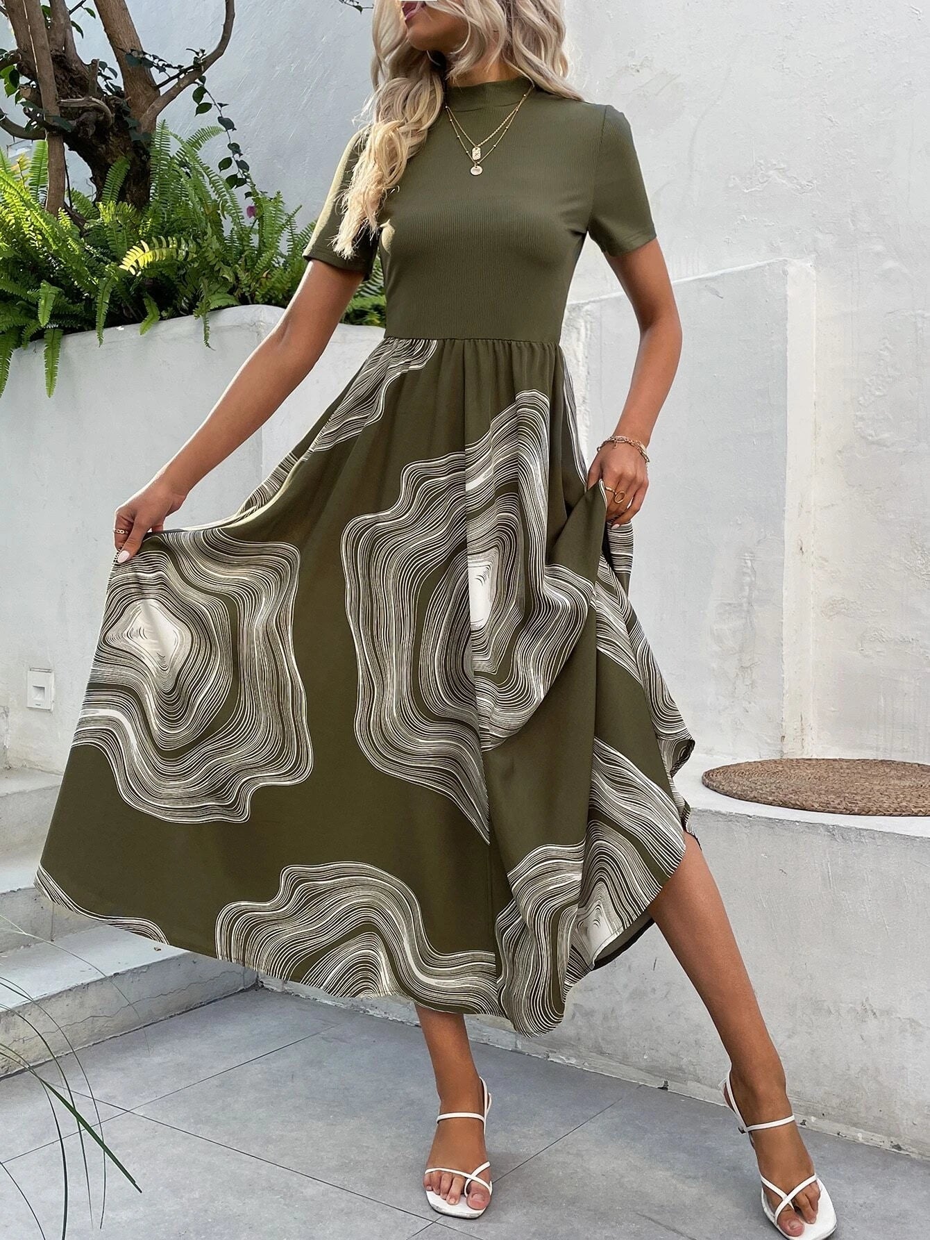 Green Abstract Printed High Neck Fit & Flare Dress