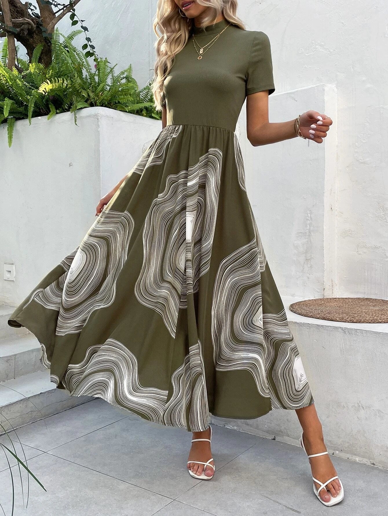 Green Abstract Printed High Neck Fit & Flare Dress