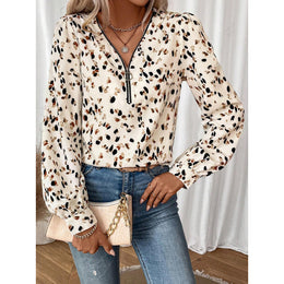Beige Animal Printed V-Neck Cuffed Sleeves Top