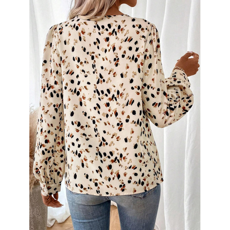 Beige Animal Printed V-Neck Cuffed Sleeves Top