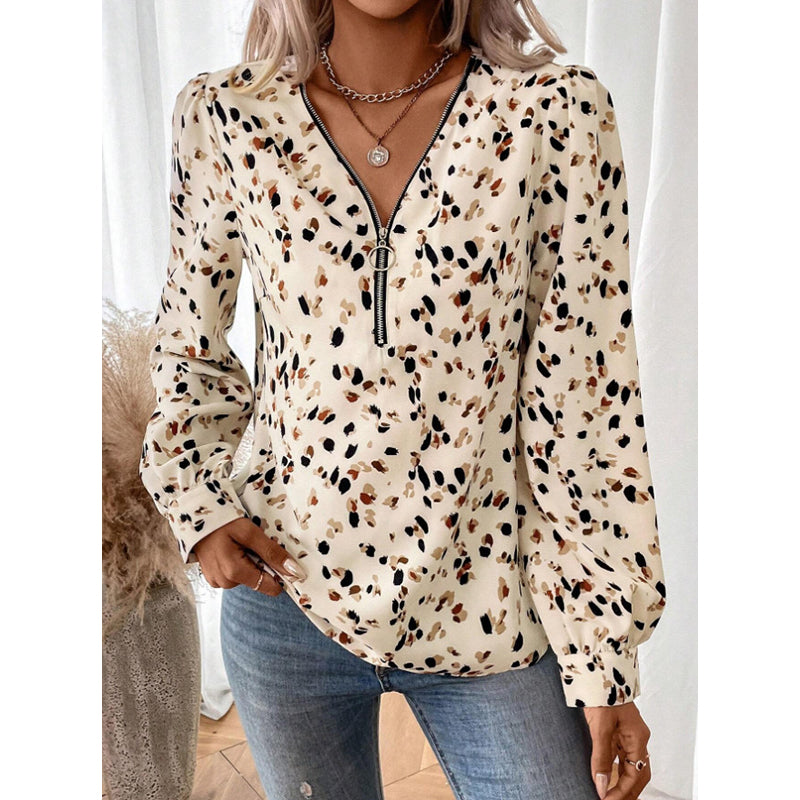 Beige Animal Printed V-Neck Cuffed Sleeves Top