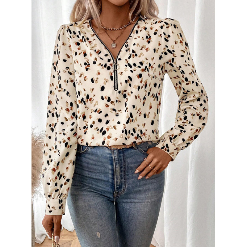 Beige Animal Printed V-Neck Cuffed Sleeves Top