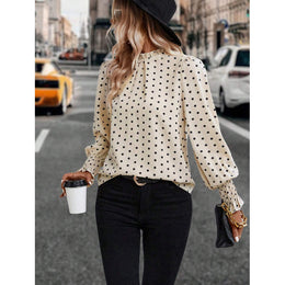 Beige Polka Dot Print Cuffed Sleeves Smocked Blouson Top