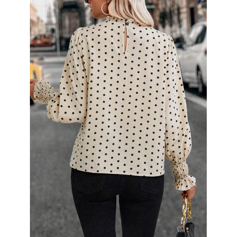 Beige Polka Dot Print Cuffed Sleeves Smocked Blouson Top