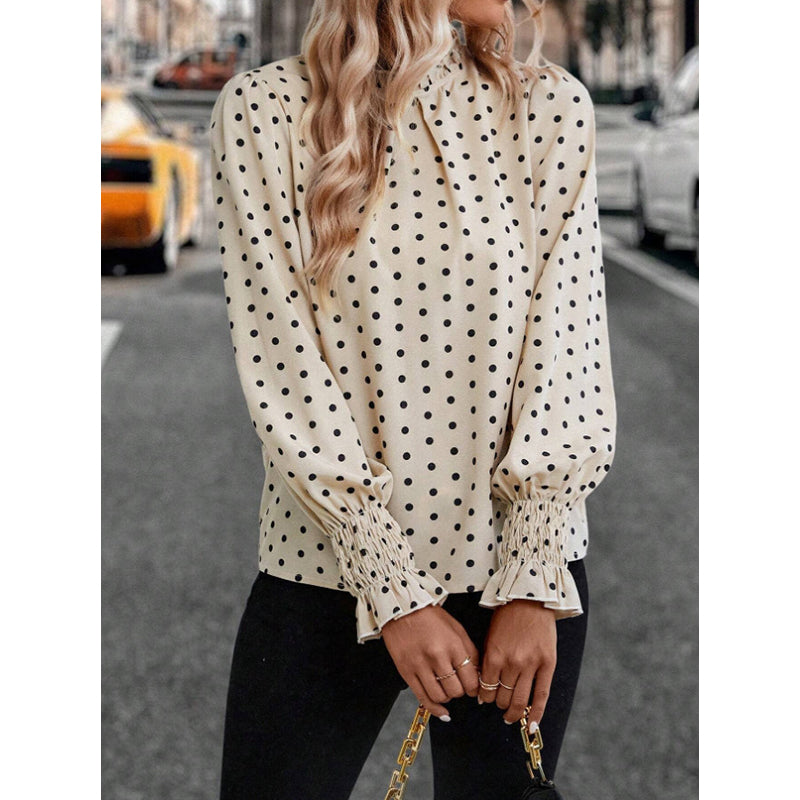 Beige Polka Dot Print Cuffed Sleeves Smocked Blouson Top