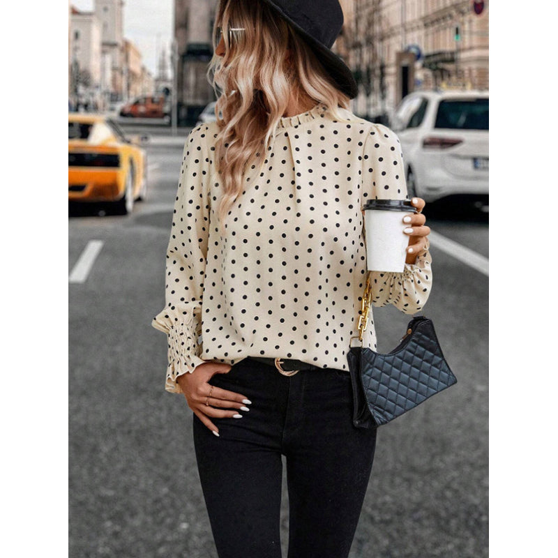 Beige Polka Dot Print Cuffed Sleeves Smocked Blouson Top