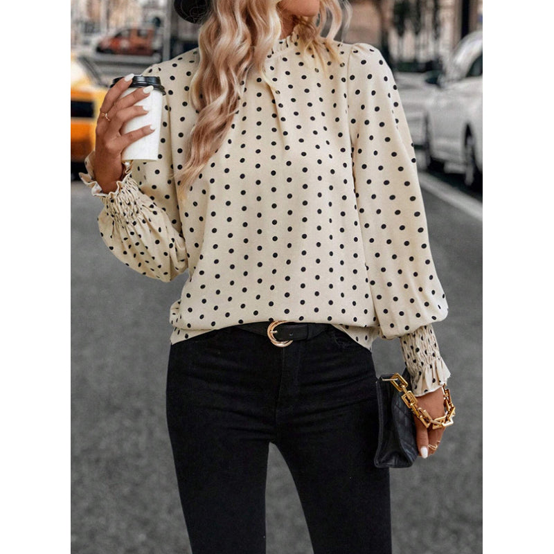 Beige Polka Dot Print Cuffed Sleeves Smocked Blouson Top