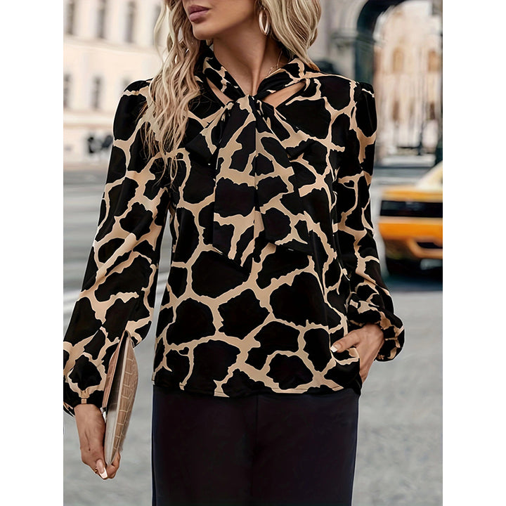 Black Abstract Printed Tie Up Neck Puff Sleeves Top