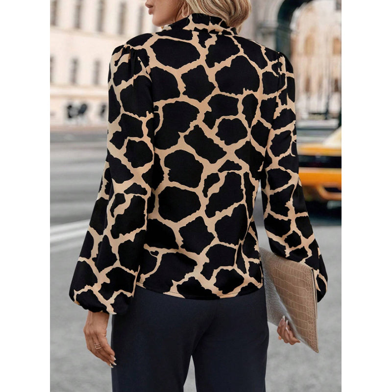 Black Abstract Printed Tie Up Neck Puff Sleeves Top