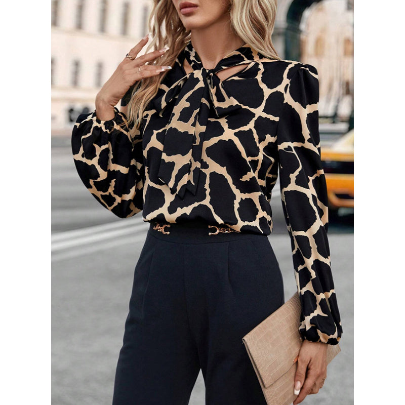 Black Abstract Printed Tie Up Neck Puff Sleeves Top