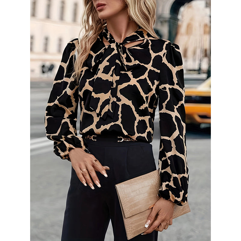 Black Abstract Printed Tie Up Neck Puff Sleeves Top