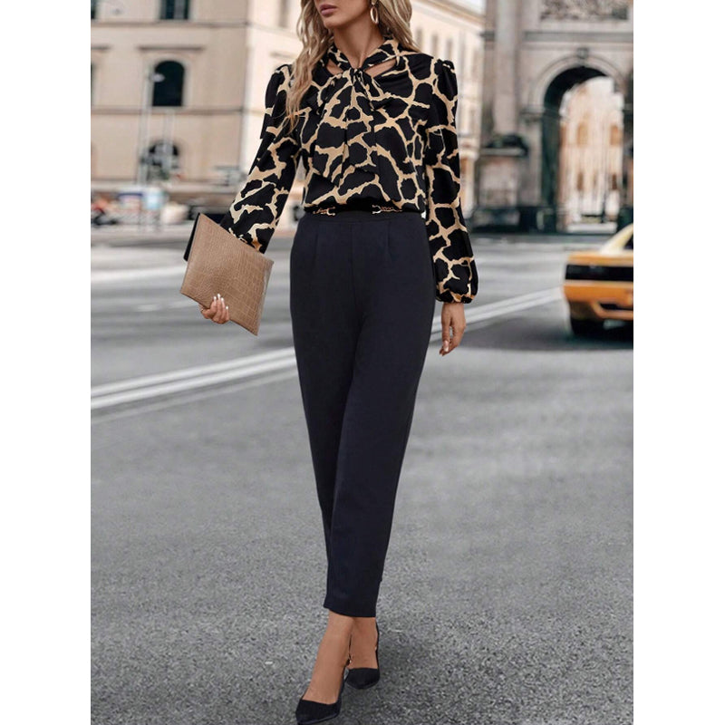 Black Abstract Printed Tie Up Neck Puff Sleeves Top