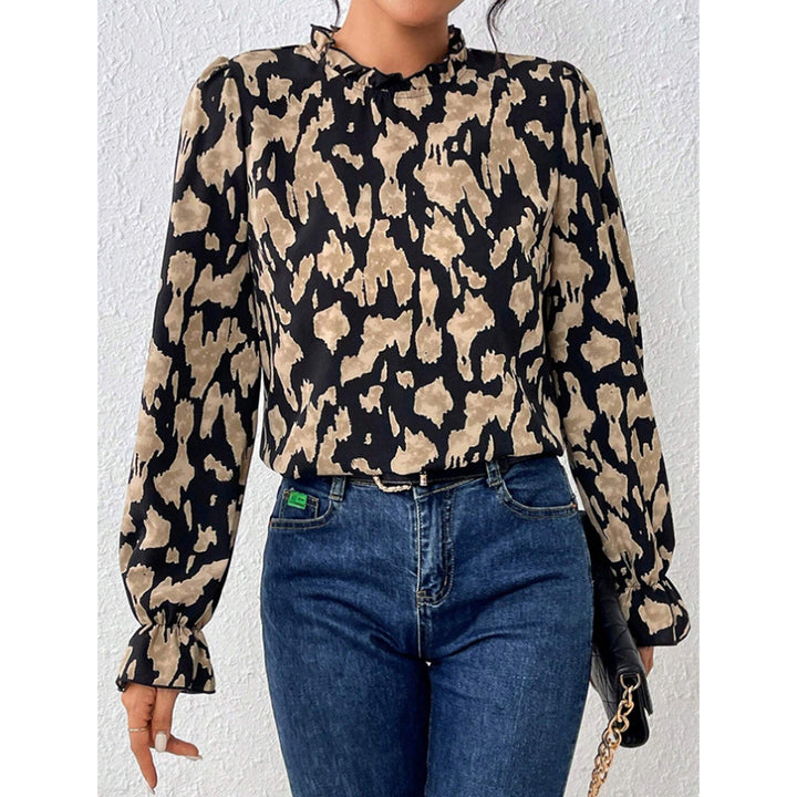 Black Abstract Printed High Neck Bell Sleeves Top