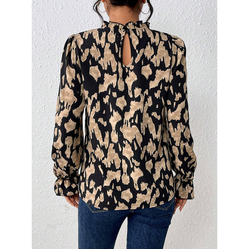 Black Abstract Printed High Neck Bell Sleeves Top