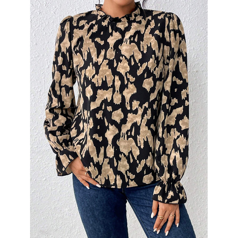 Black Abstract Printed High Neck Bell Sleeves Top