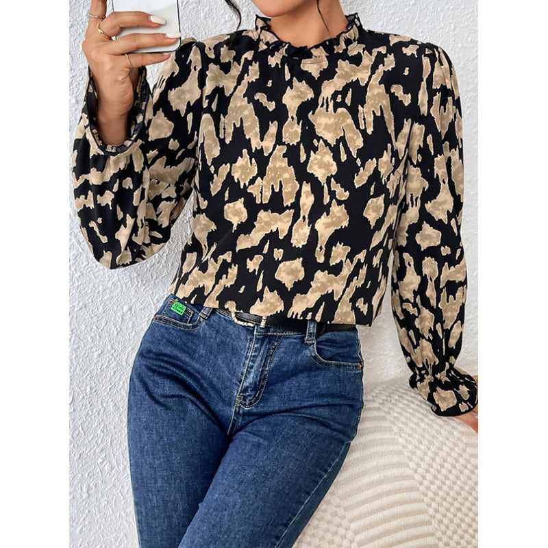 Black Abstract Printed High Neck Bell Sleeves Top