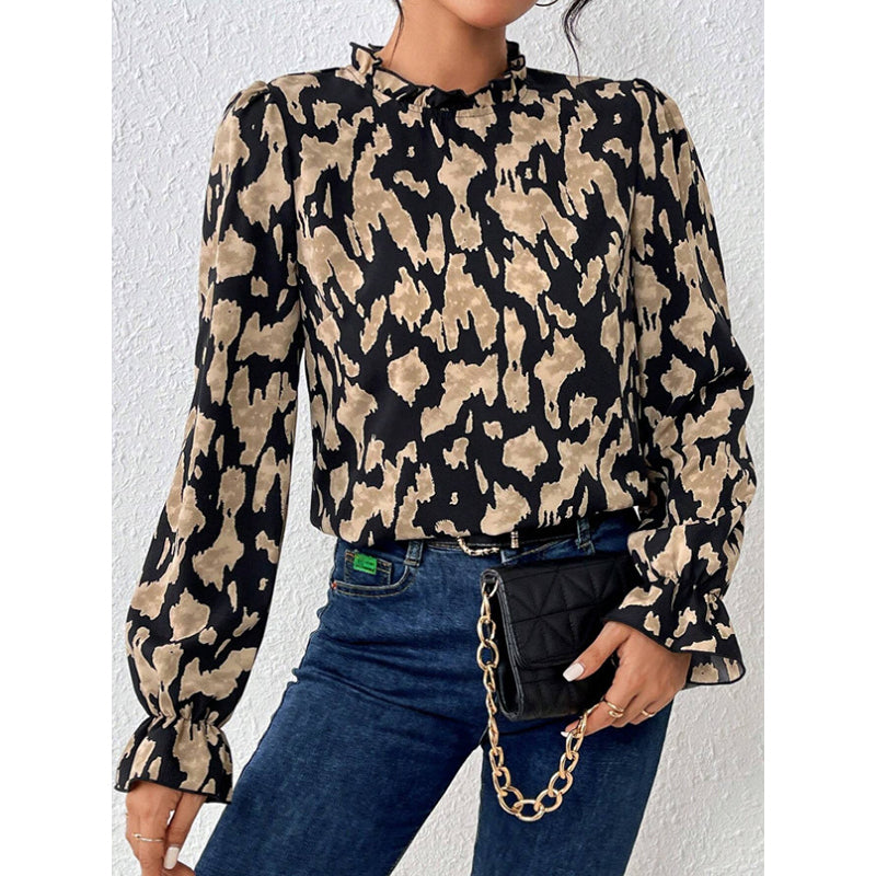 Black Abstract Printed High Neck Bell Sleeves Top