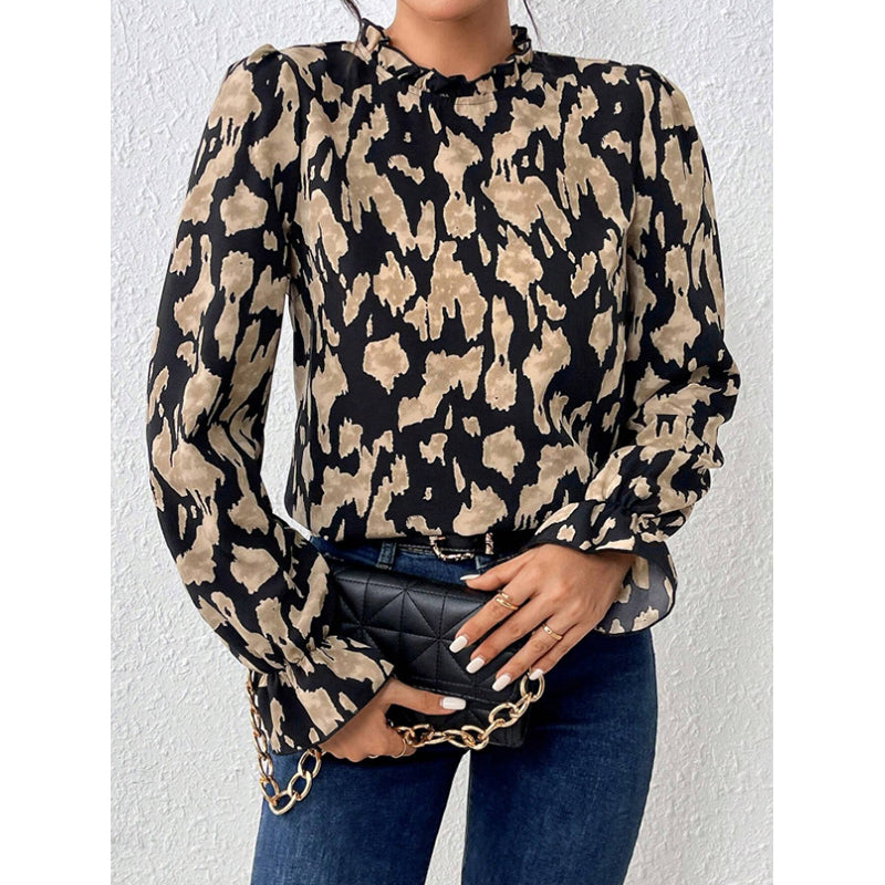 Black Abstract Printed High Neck Bell Sleeves Top