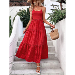 Women Red Tiered Midi Dress