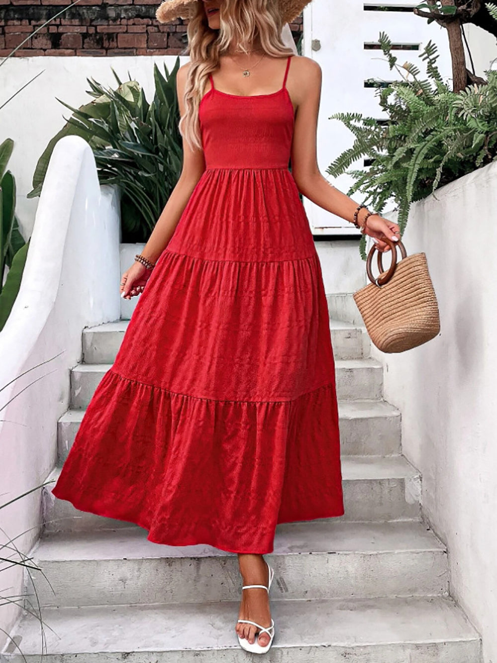 Women Red Tiered Midi Dress