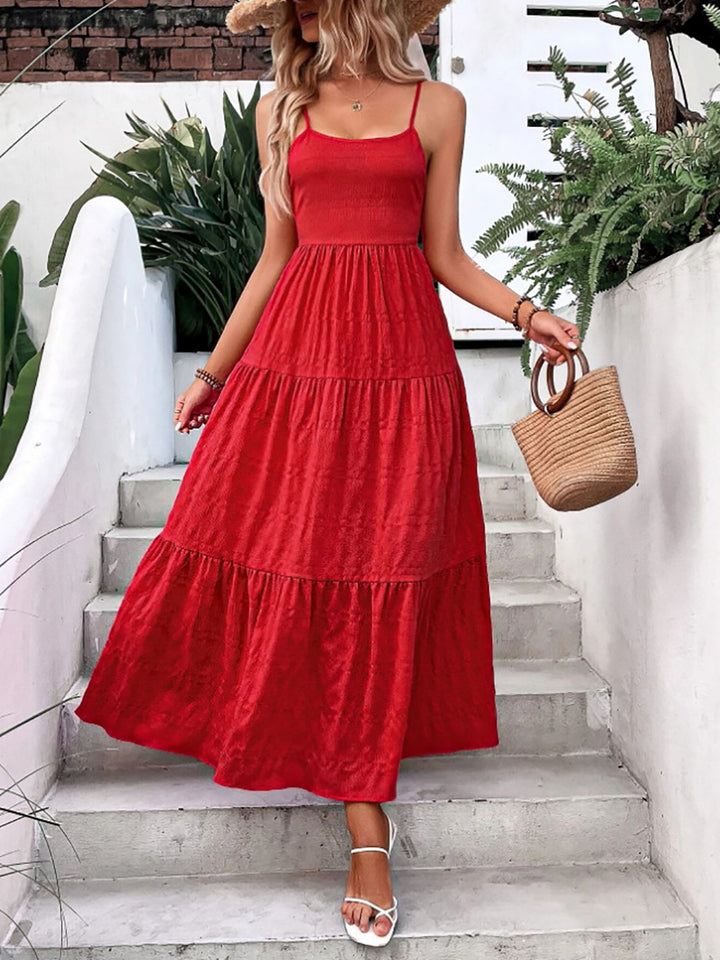 Women Red Tiered Midi Dress