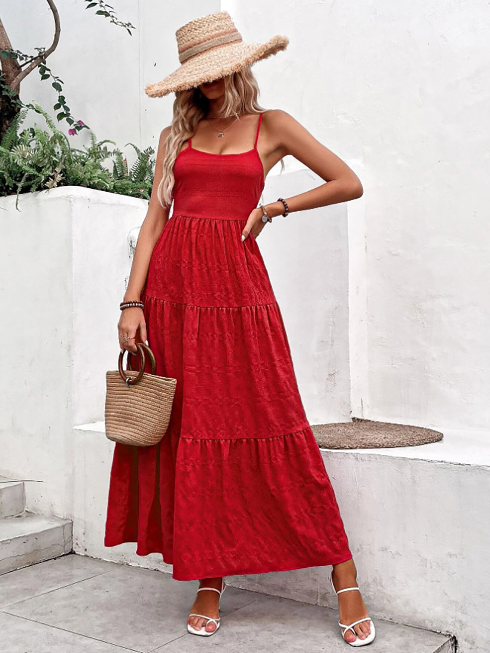 Women Red Tiered Midi Dress