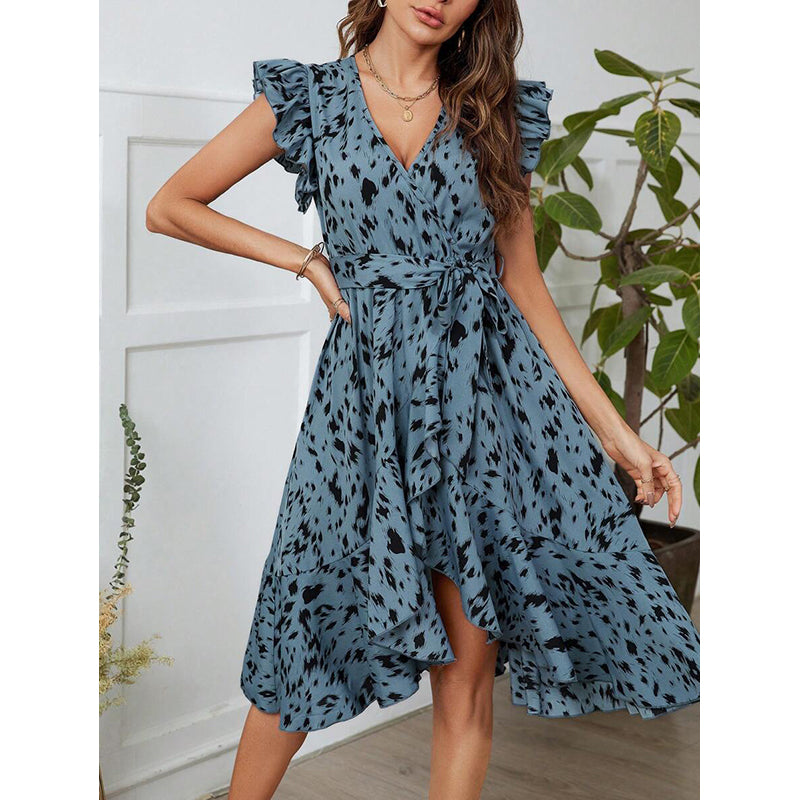 StyleCast Blue V Neck Animal Print Flutter Sleeve Midi Dress