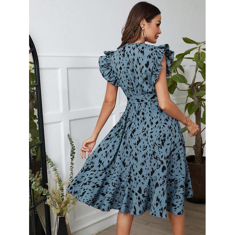 StyleCast Blue V Neck Animal Print Flutter Sleeve Midi Dress