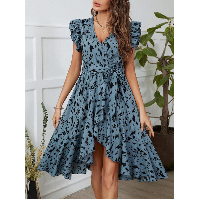 StyleCast Blue V Neck Animal Print Flutter Sleeve Midi Dress
